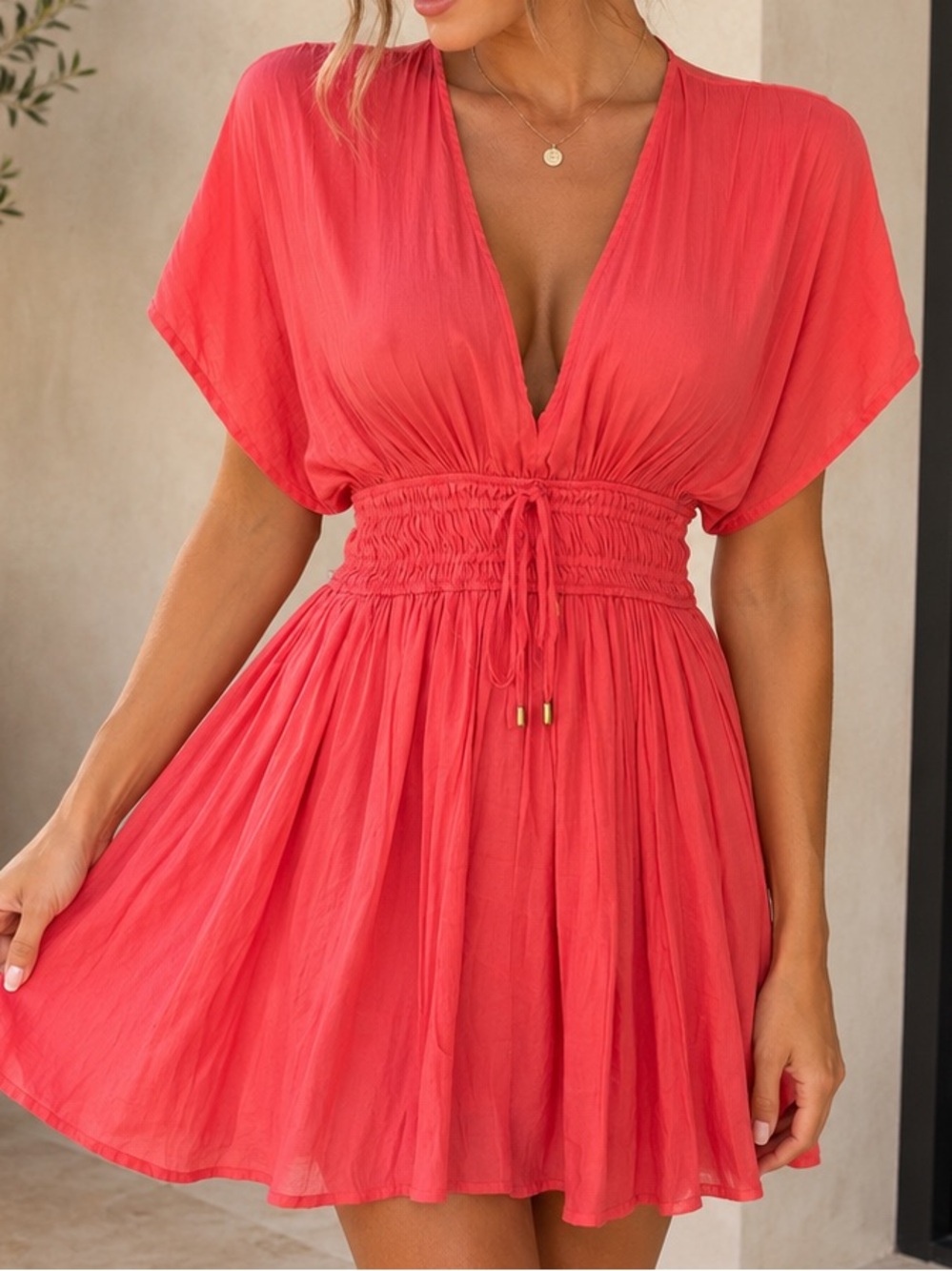 Coral Pink V-Neck Smocked Waist Mini Dress | Small